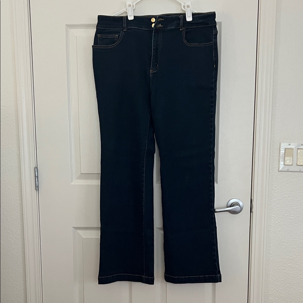Michael Kors Dark Blue Boot-Cut Jeans with Gold Button Detail